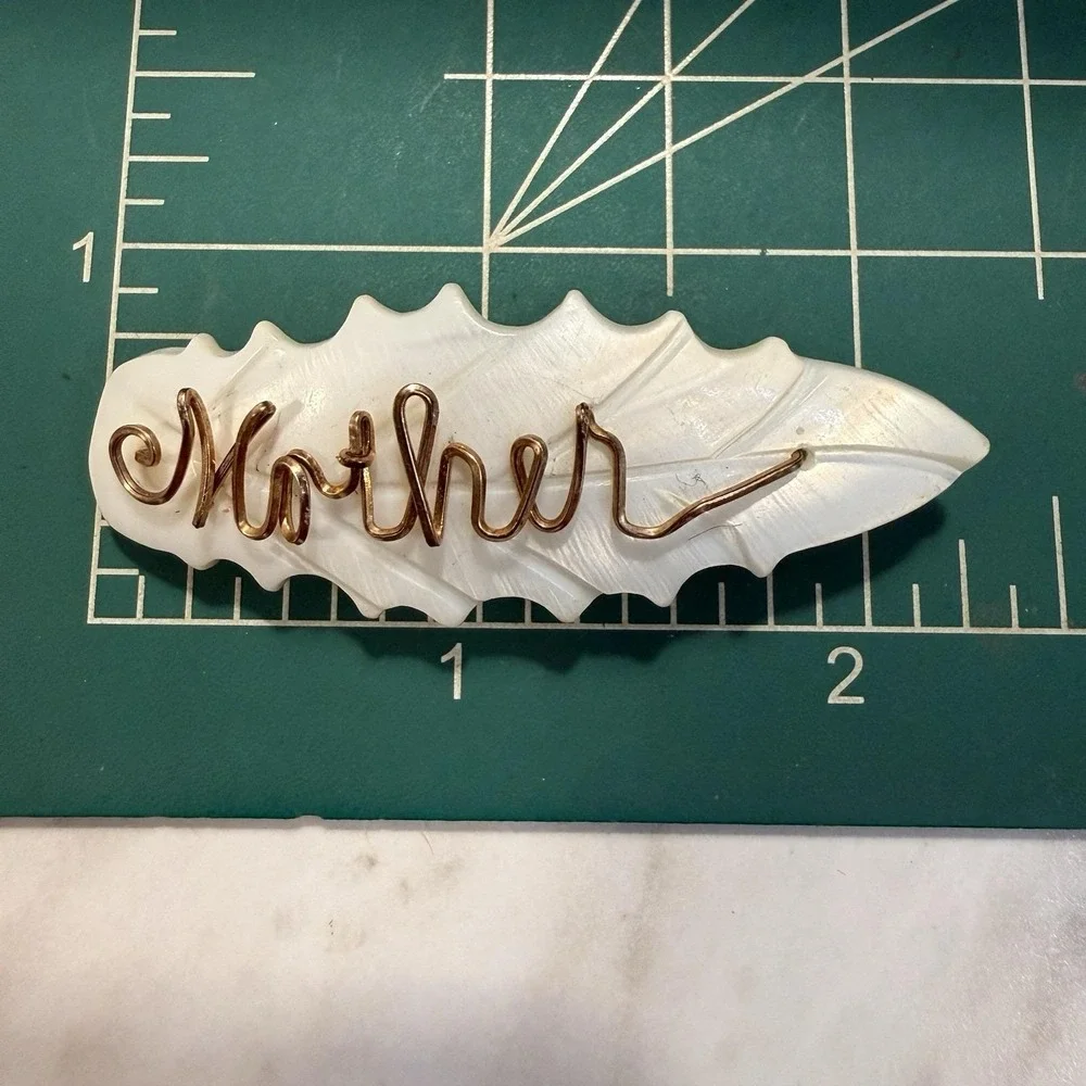Vintage Gold Filled Wire Wrap Mother of Pearl Shell Carved Leaf Pin Brooch